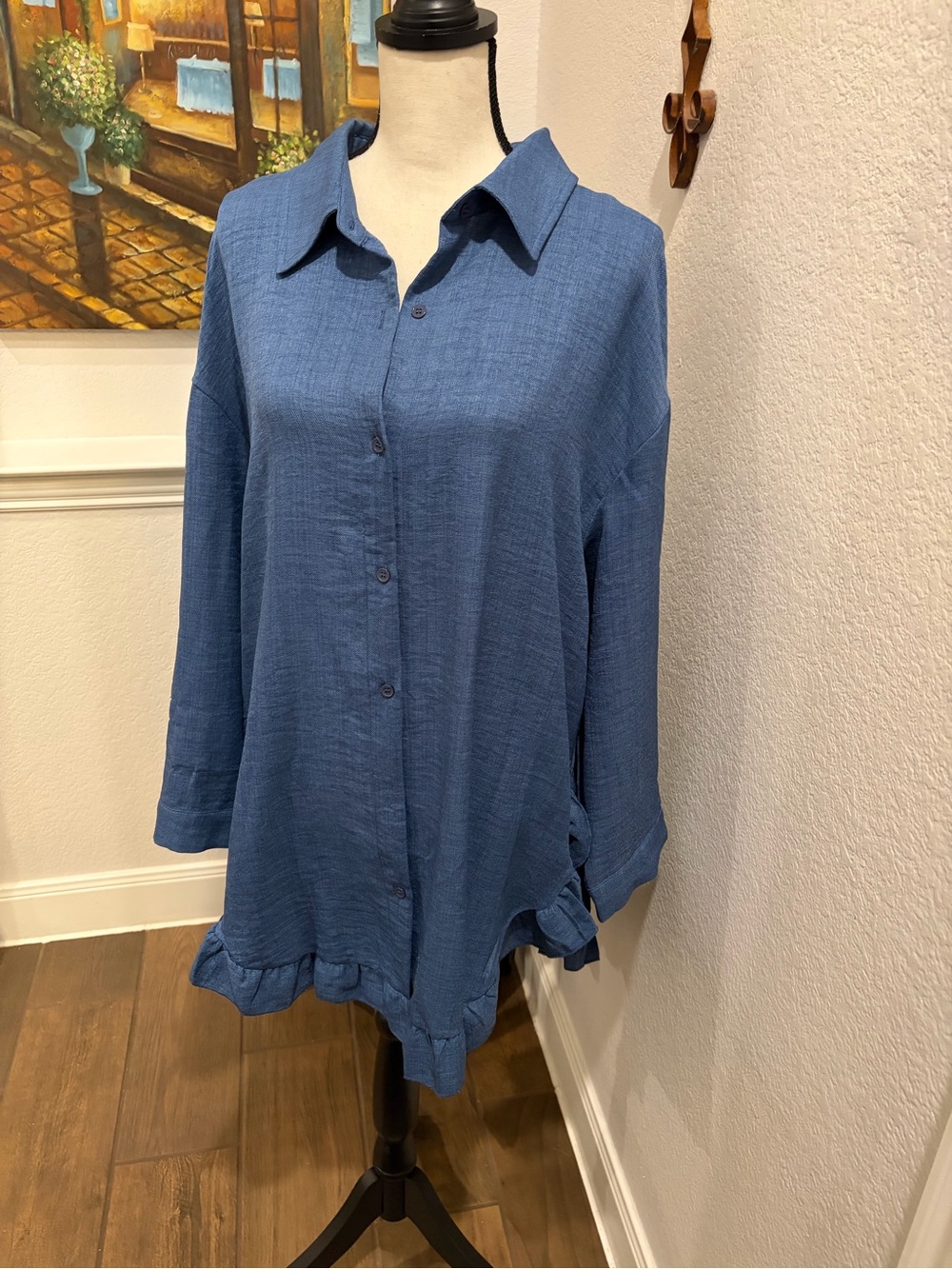 SHEIN Blue Button-Down Ruffle-Hem Long Sleeve Top - NWOT